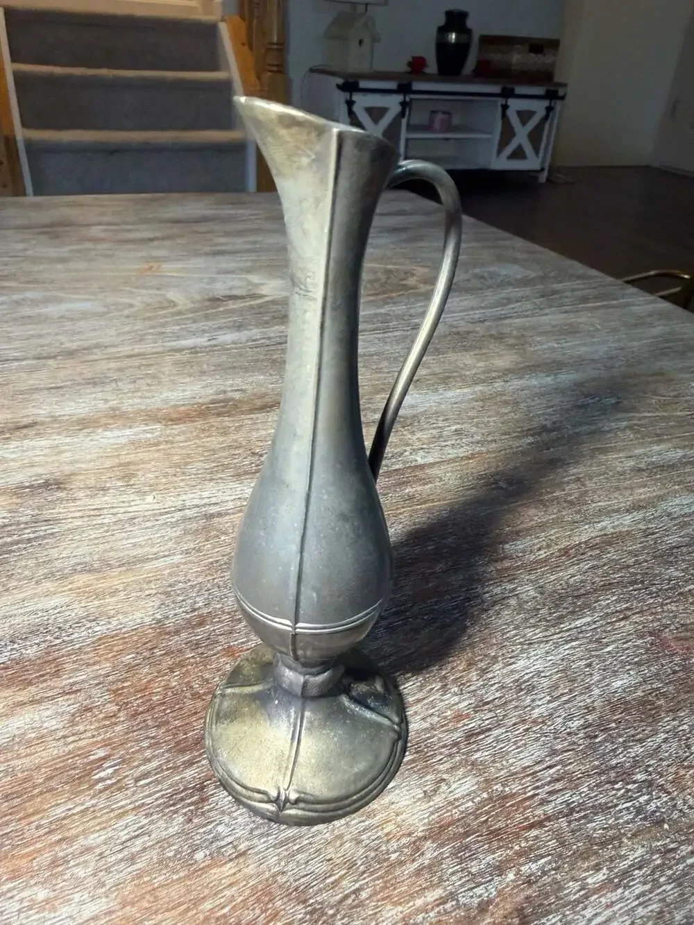 Vintage Pewter Ewer Bud Vase with Ornate Spout and Handle